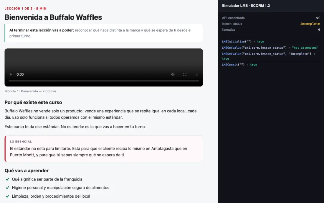 Curso abierto en el navegador junto a una consola que muestra las llamadas SCORM 1.2 que el recurso hace al LMS