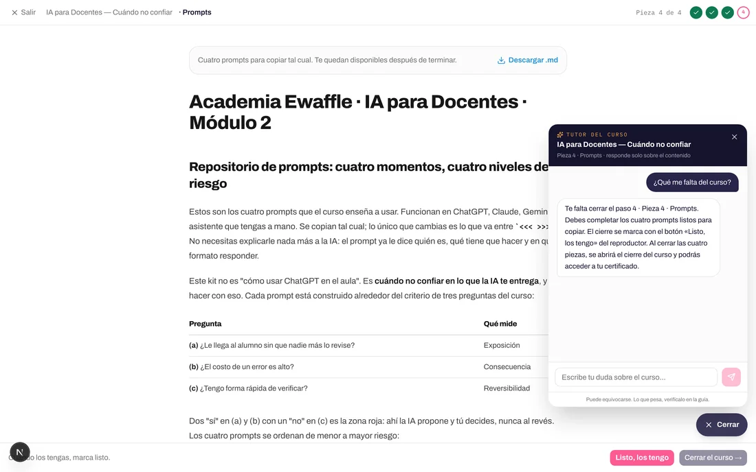 Widget de chat del tutor IA abierto sobre un curso real de Ewaffle Academia, respondiendo qué le falta al alumno por completar