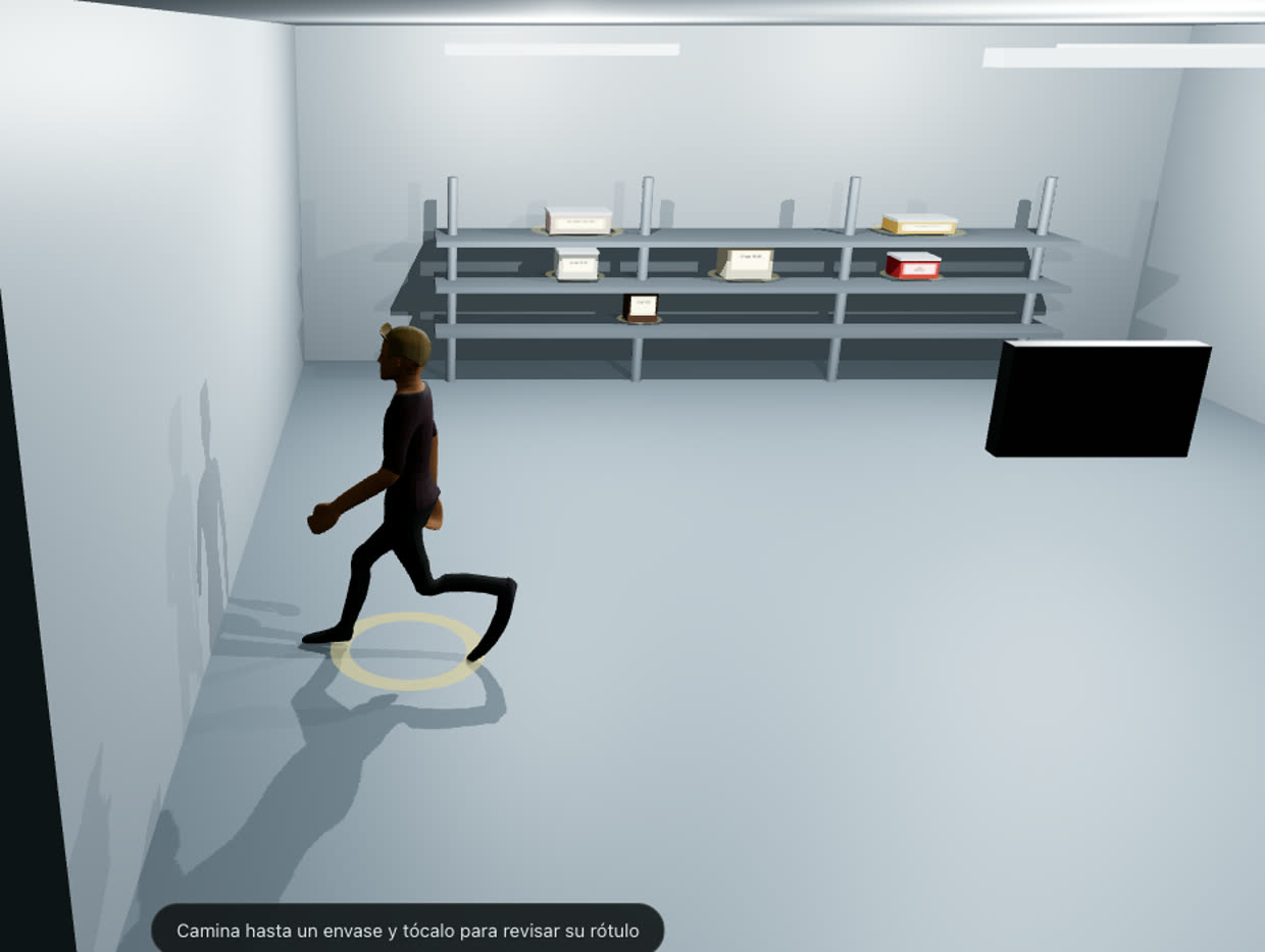 Recorrido en 3D de una cámara de refrigeración: el participante camina hasta las estaciones críticas para resolver la tarea de cada puesto