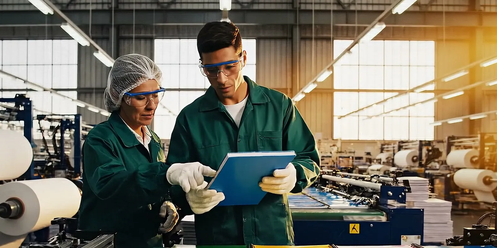 Dos personas en una planta industrial con cofia, lentes de seguridad y guantes revisan una carpeta